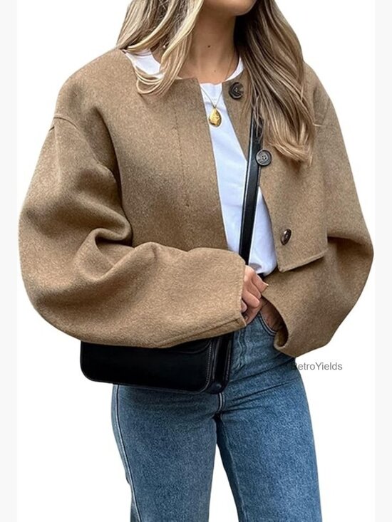 Jackets & Blazers - Women Cropped Wool Blend Pea Coat Short Jacket Button Down Long Sleeve